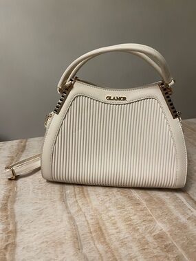 Glamour Cream Ribbed Top-Handle Satchel with Gold Hardware
